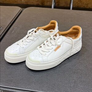 White Leather Platform Sneakers with Tan Lining